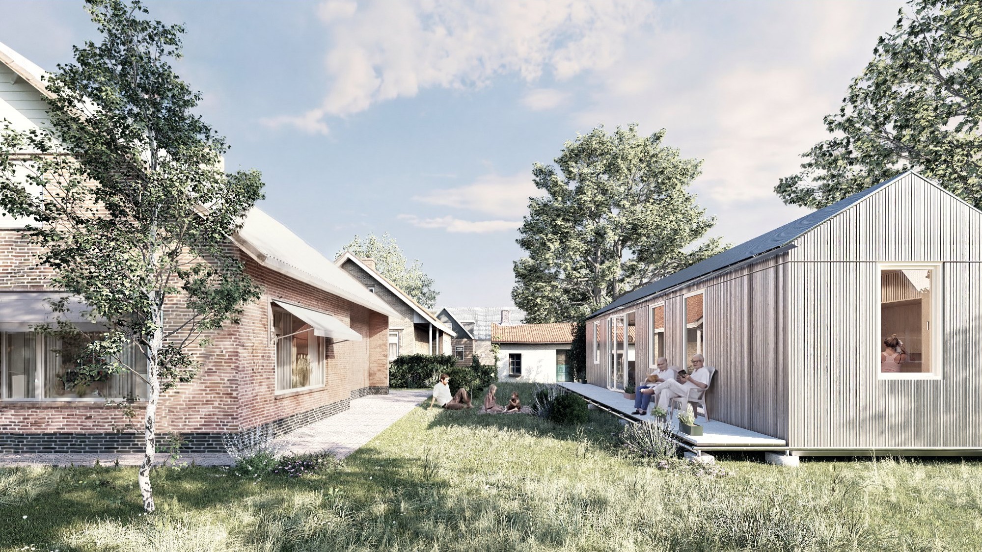 little-BIGS-Haus im Hof einer Bestandsbebauung aus Backstein, Menschen im Garten